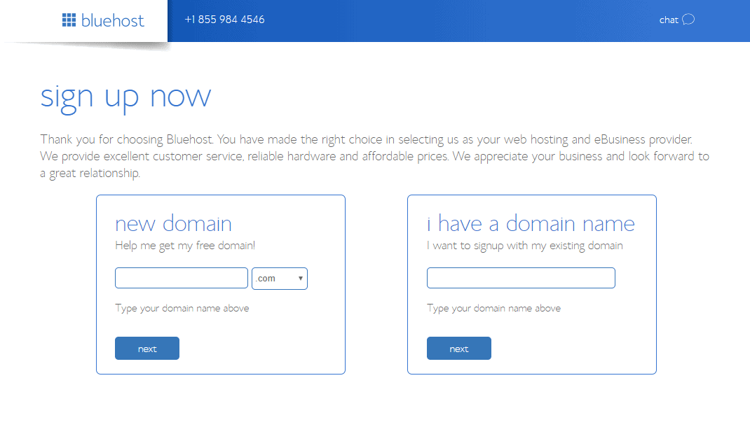 Bluehost domain screen