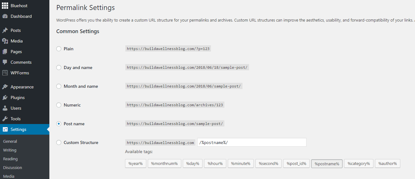 wordpress permalink settings in backend