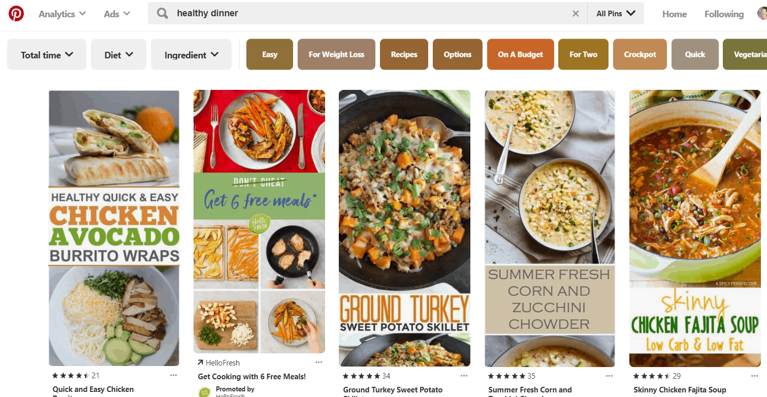 Screenshot of a search on Pinterest