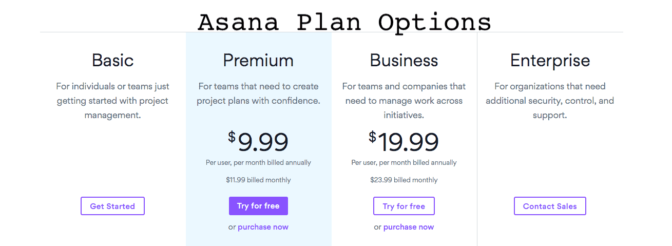 Screenshot of current asana pricing