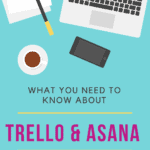 Illustration of a computer, coffee, and cell phone, next to a text overlay that says trello vs. asana