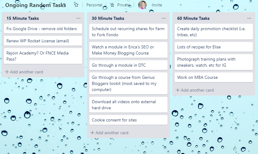 Screenshot of a trello board being used by a blogger