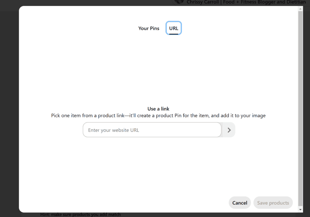 A screenshot showing how to add a URL when tagging a product on Pinterest.