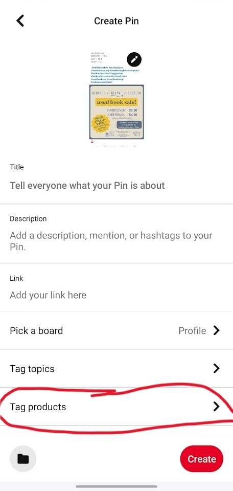 A screenshot showing the option to tag products on a mobile pin draft.
