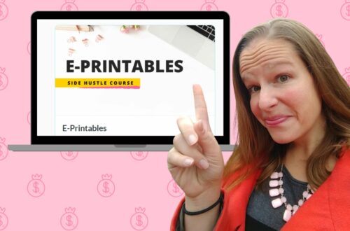 A woman pointing to the Gold City Ventures E-Printables Course on a computer.