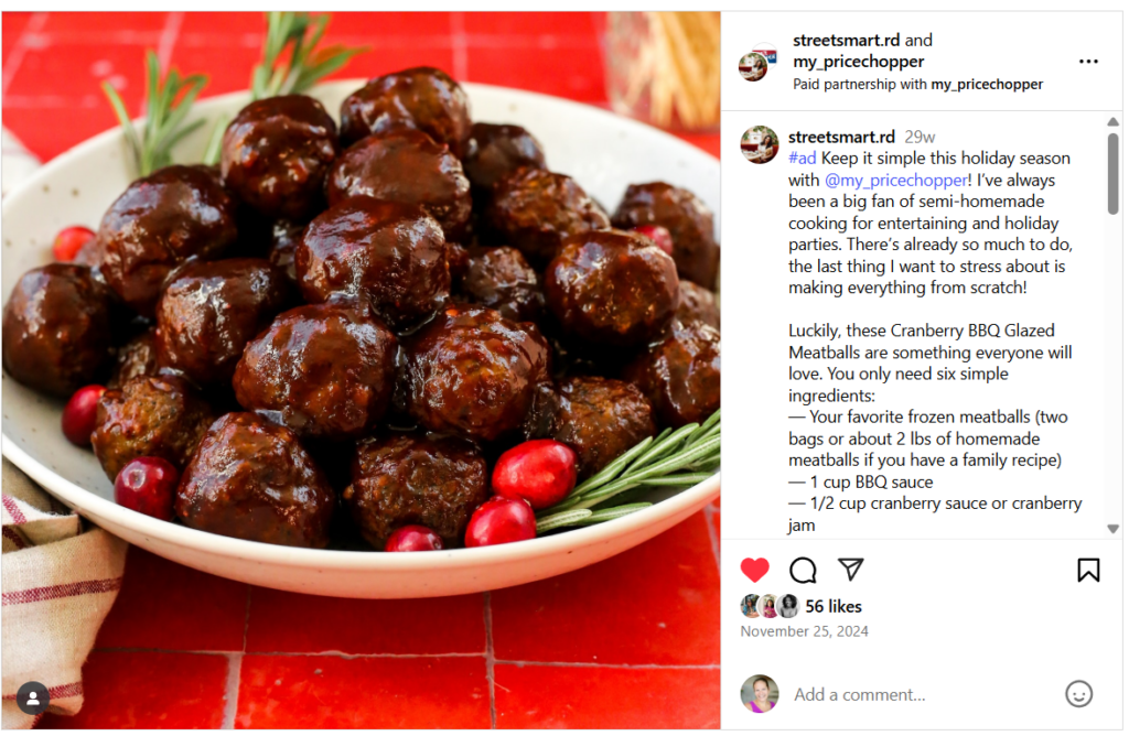 A sample sponsored post on Instagram from a dietitian.