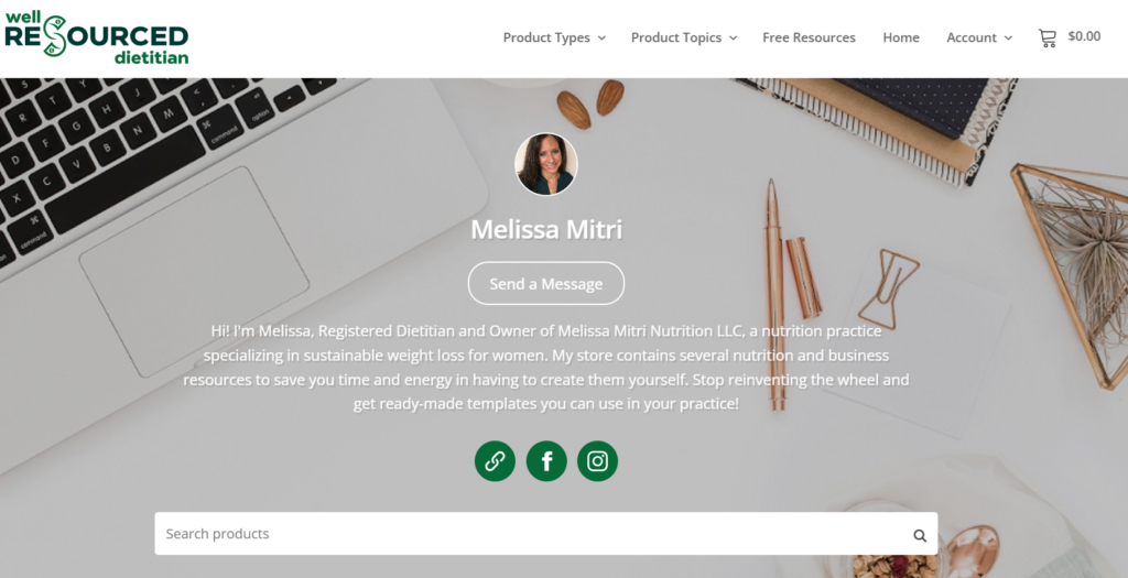 A screenshot of a dietitians vendor shop on Well Resourced.
