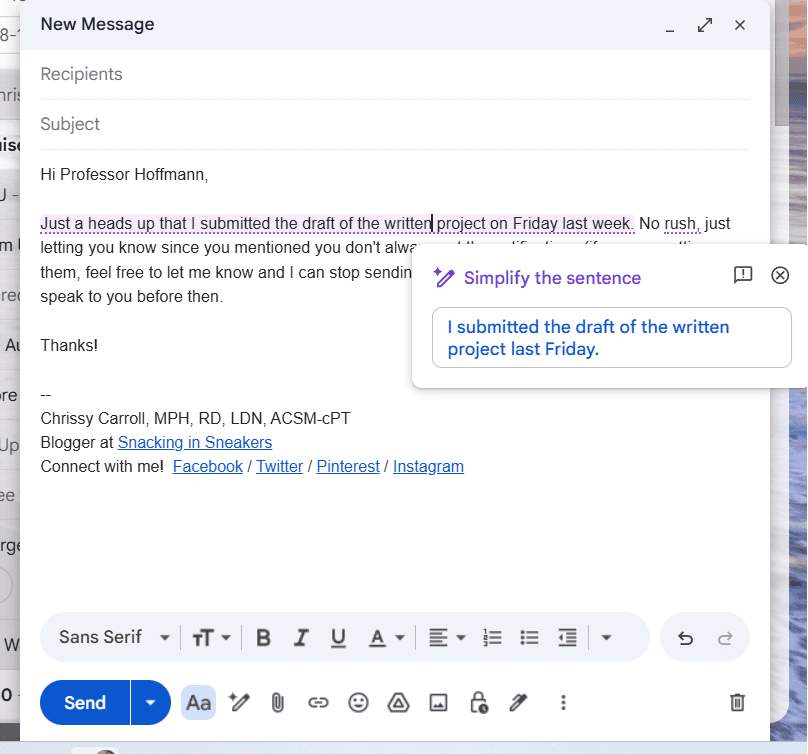 A screenshot of Gmail showing AI suggested text alterations.